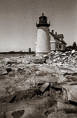 Prospect Harbor Lighthouse on Rocky Shore - Sepia Tone